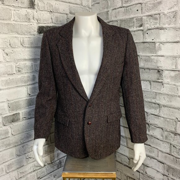 Vintage 90s Harris Tweed Blazer Brown Herringbone Wool Two Button Sport Coat - Picture 1 of 15